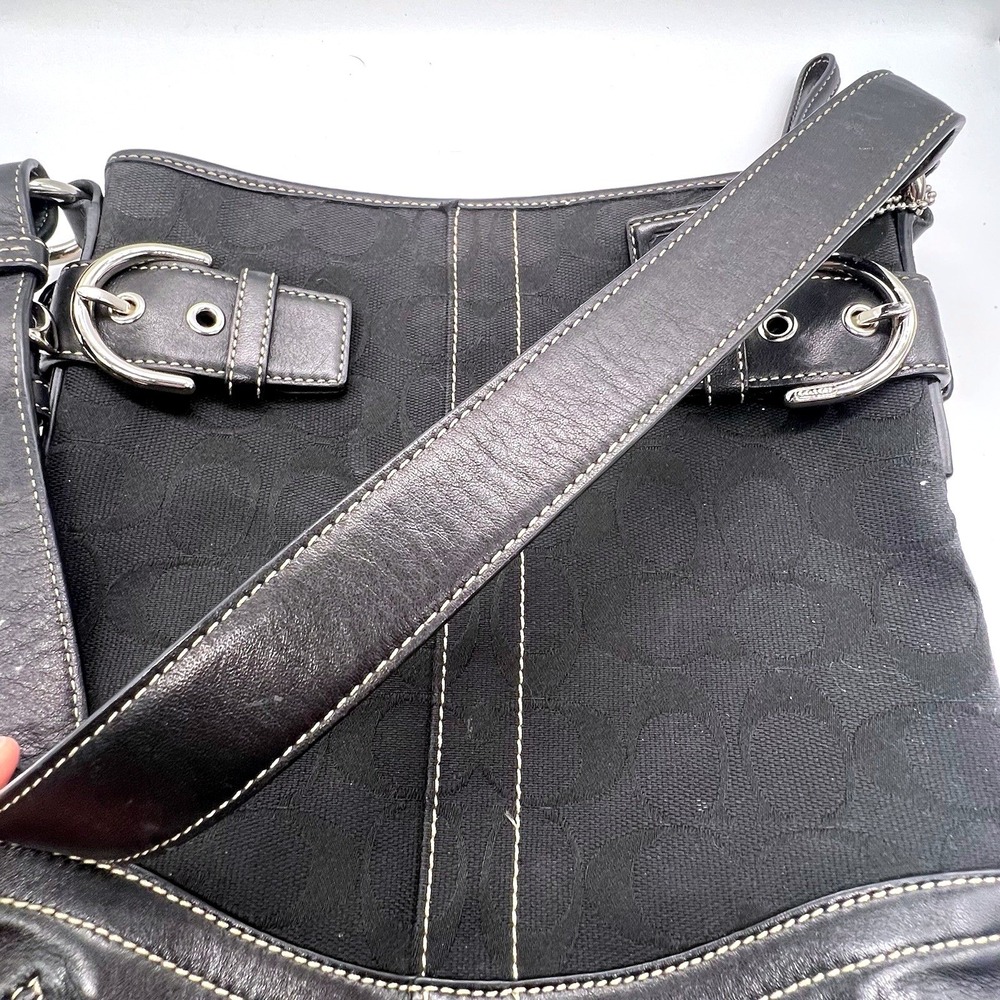Coach Signature Jacquard Black Fabric‎ With Leather Shoulder Bag Hobo J05M-3577 - Picture 4 of 13